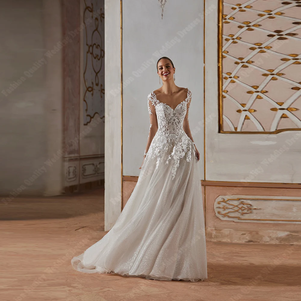 فستان زفاف أنيق من التول للنساء بياقة على شكل قلب وطباعة على شكل حرف a فستان العروس بطول التطهير من فيستدوس دي نوفيا مخصص