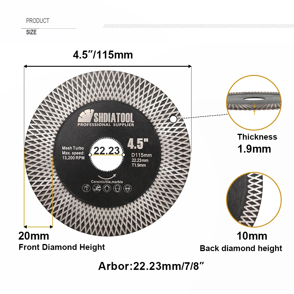 SHDIATOOL Dia115mm X ตาข่ายเพชรตัดและบดทั้งสองด้านแผ่นกระเบื้องเซรามิคหินอ่อน 4.5 นิ้ววงกลมเครื่องตัดแผ่น