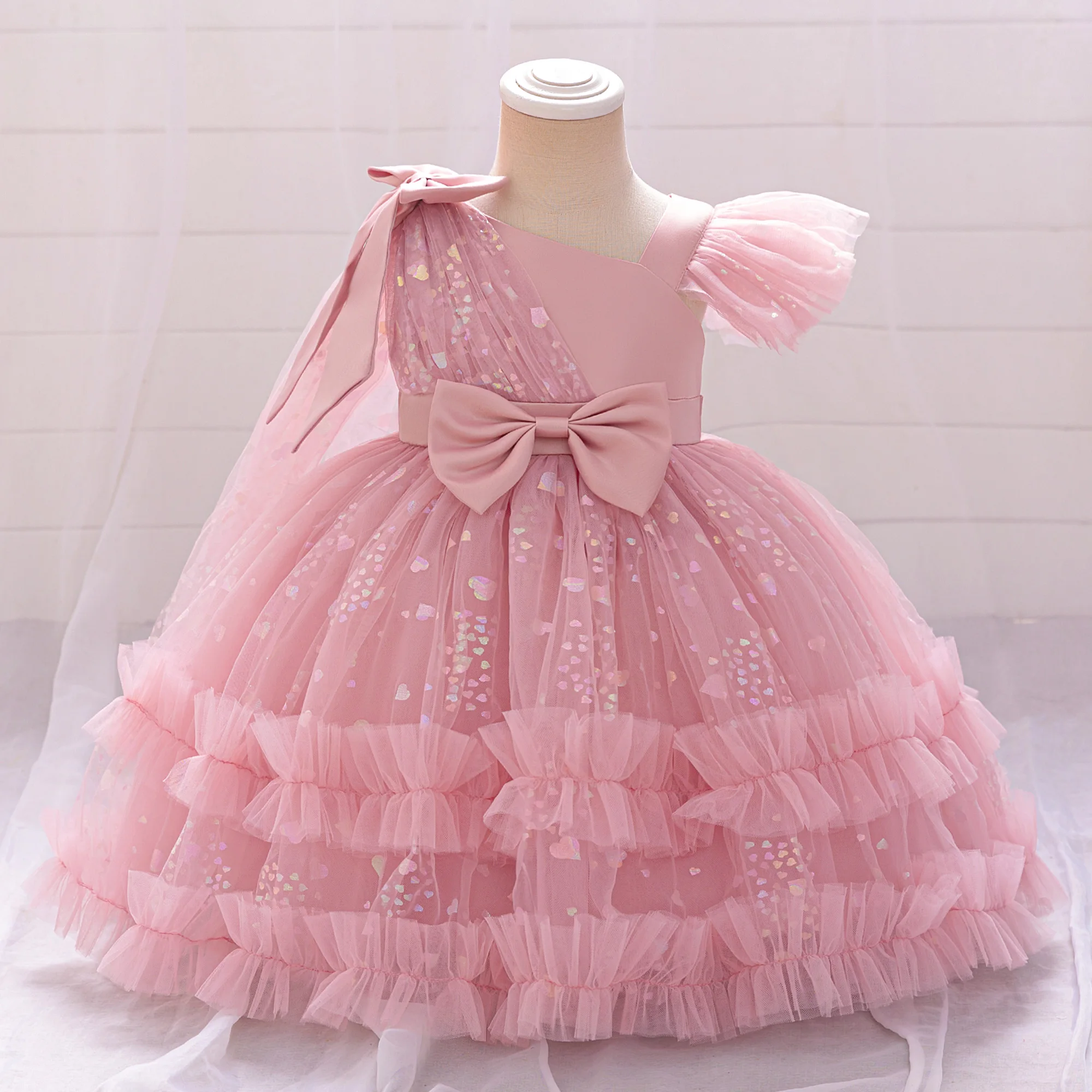 Baby Girls Sequin Bow Birthday Baptism Dress Party Dresses For Toddler Kids Pink Lace Evening Gown Children Fashion Summer Wear