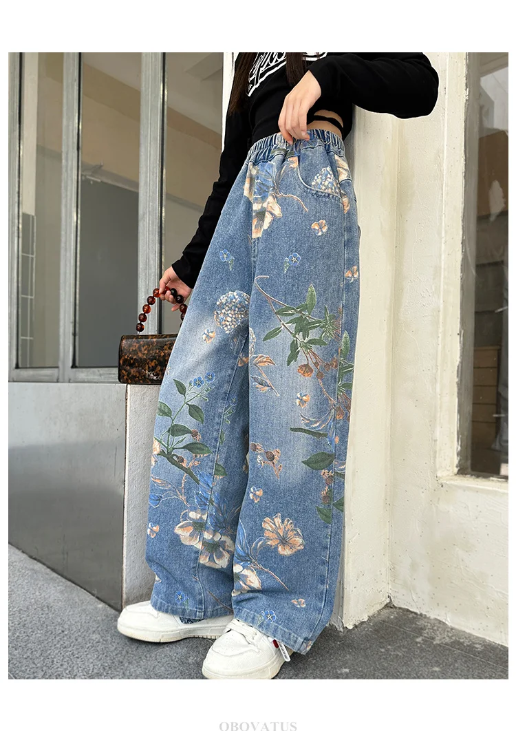 Designer-Jeans für Kinder im High-Street-Stil mit Blumenmuster für Mädchen, trendige Jeanshosen für Teenager, weite Jeanshosen mit Blumenmuster. – Detail 4