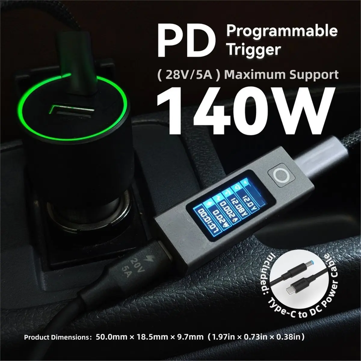 (A89Z) 140W PD Fast Charge Trigger, 5-28V Adjustable Type-C to DC Cable with IPS Display for Laptop Router