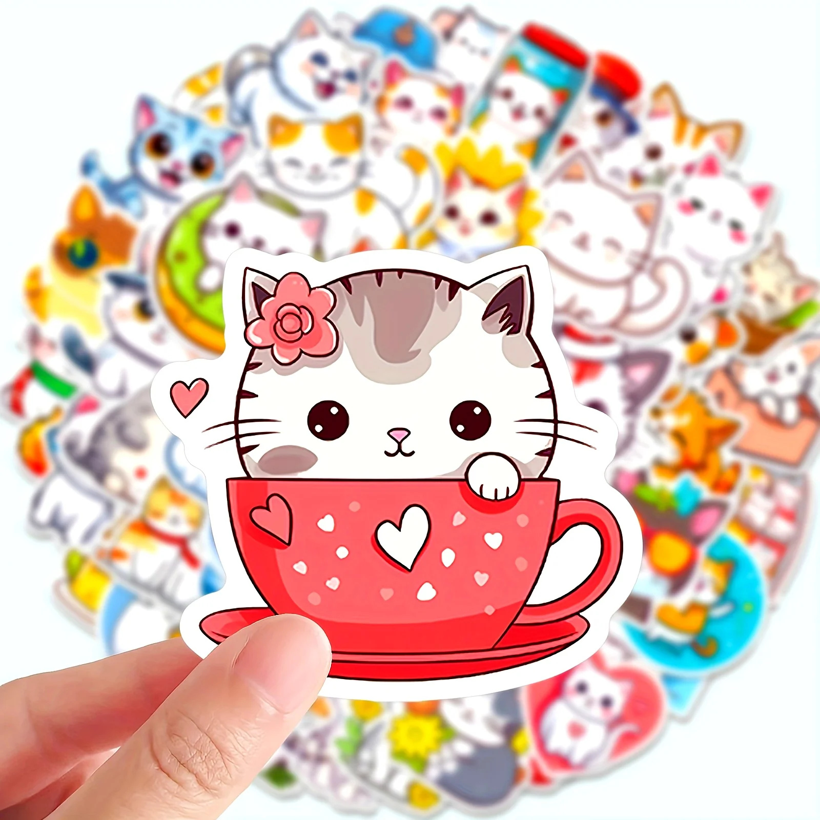 50pcs Cute Cartoon Cat Doodle Stickers | Vinyl, Mixed Color, Single Use, Ideal for Scrapbooking and Planners - Reward Gift