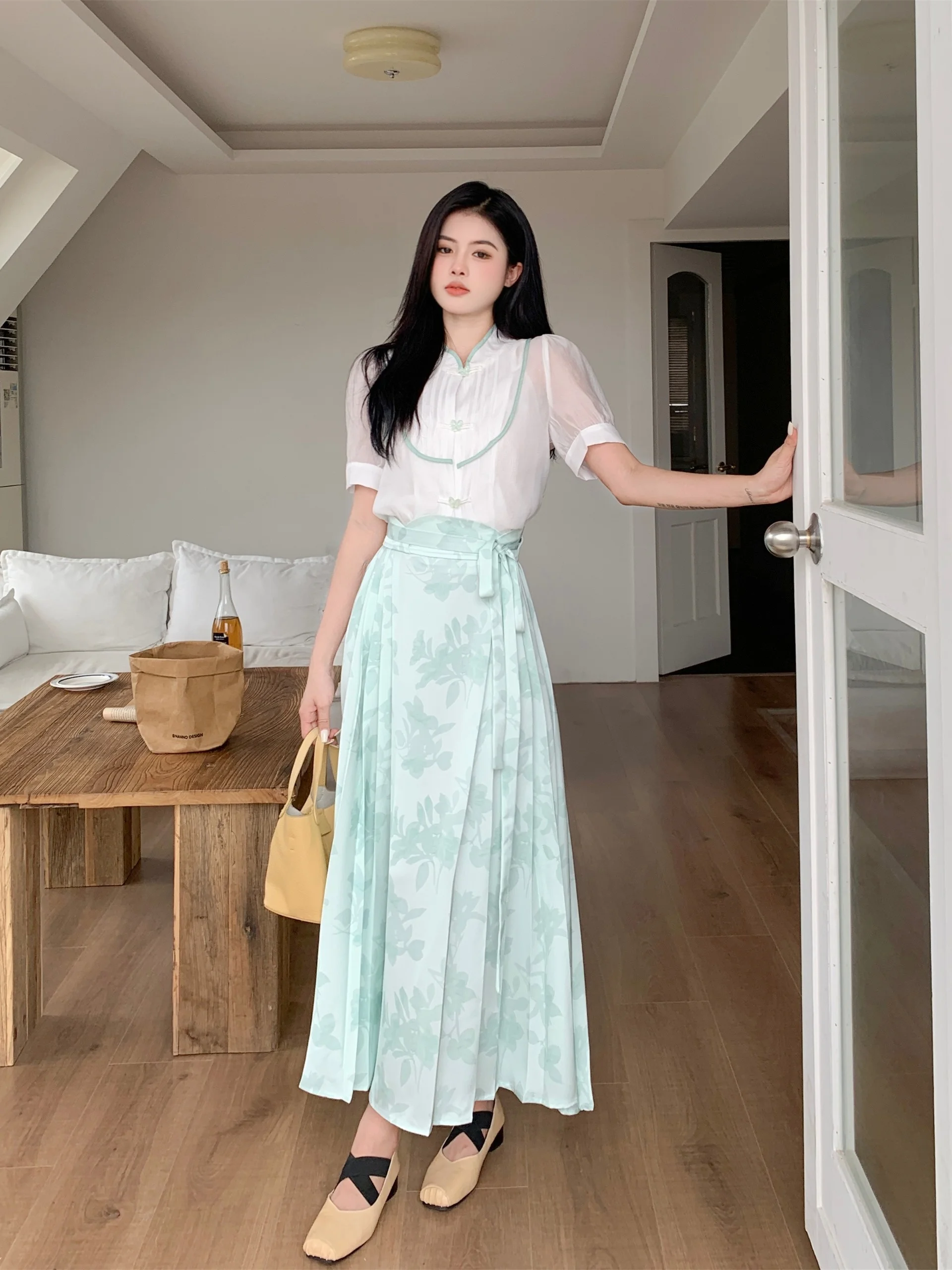 

New Chinese Style plus Size Set Summer New Style National Style Zen Style Button Short Sleeve Satin Half Skirt Suit for Women