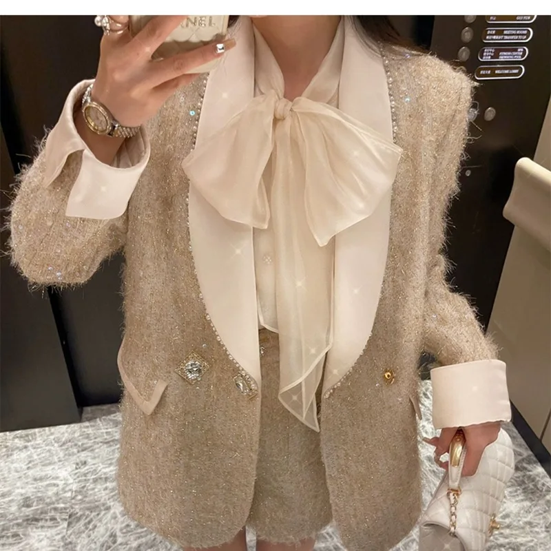 Golden Shiny Silk Woven Thickened Small Fragrance Suit Jacket High-End Diamond Buckle Sequin Coat for Women Spring Two-piece Set