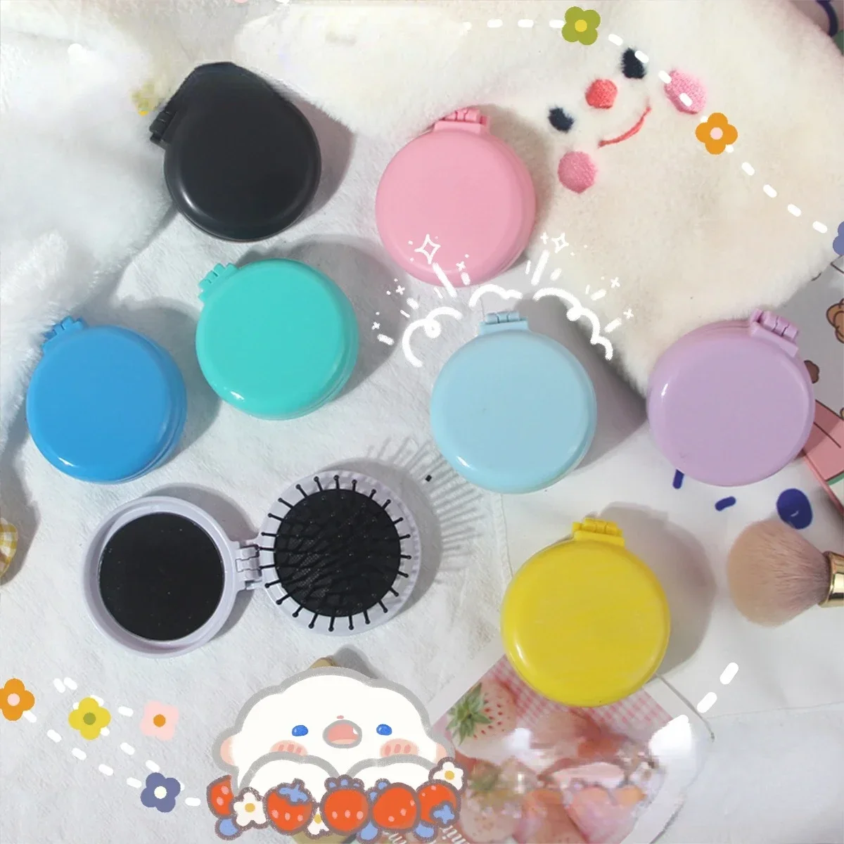 Portable Round Small Folding Comb with Makeup Mirror Traveling Massage Folding Comb Girl Hair Brush with Mirror Styling Tools