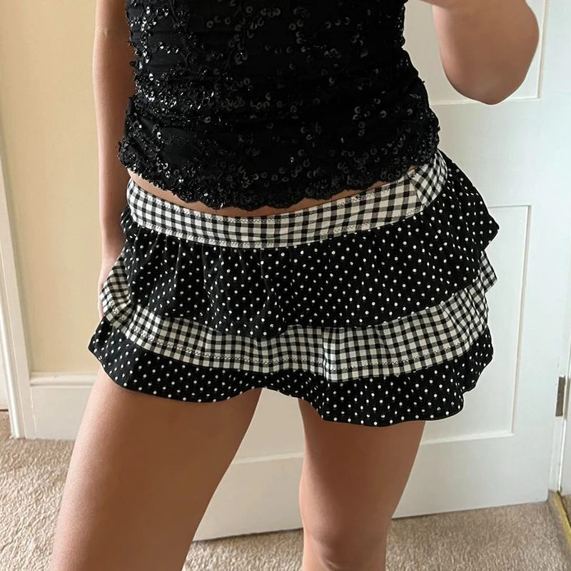 

Polka Dot/Plaid Patchwork Ruffles Mini Skirt Fairy Coquette Low Rise Multi-layers Skirt Teen Girl 2000s Retro Cute Y2k Skirt