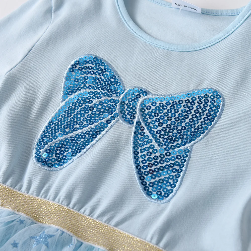 VIKITA Hellblaues Langarmkleid für Mädchen mit funkelnder Paillettenschleife, Kinder-Glitzer-Stern-Tüll-Mesh-Schicht-Prinzessinnen-Tutu-Kleider – Detail 4
