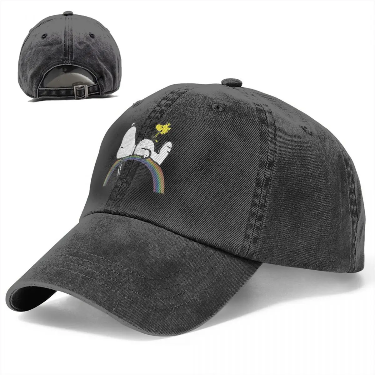 Peanuts Snoopy Woodstock Rainbow Baseball Cap Fashion Distressed Denim Snapback Cap Unisex Style Outdoor Activities Hats Cap