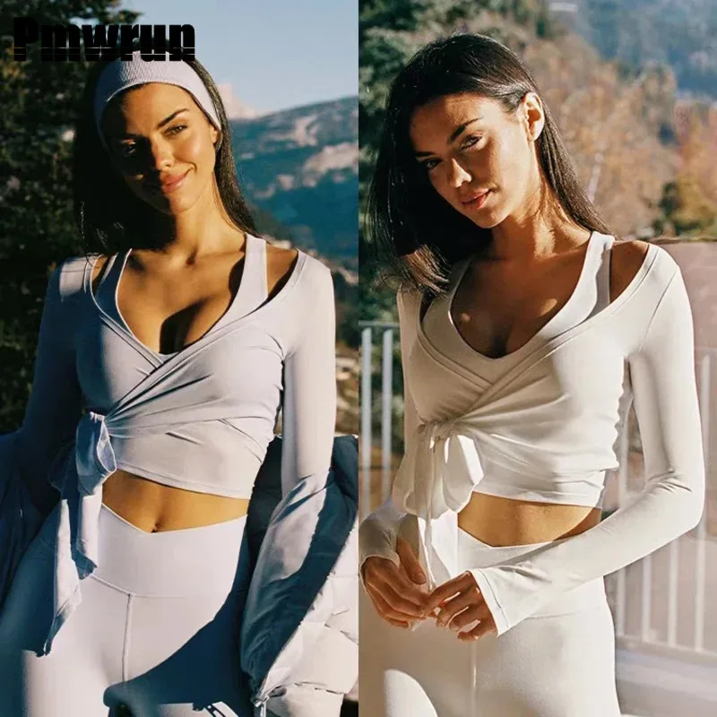 

Женский топ для йоги PMWRUN с длинными рукавами, завязками на талии, укороченный, с открытыми плечами, мягкий, эластичный, для занятий в спортзале, йогой, пилатесом, тренировок