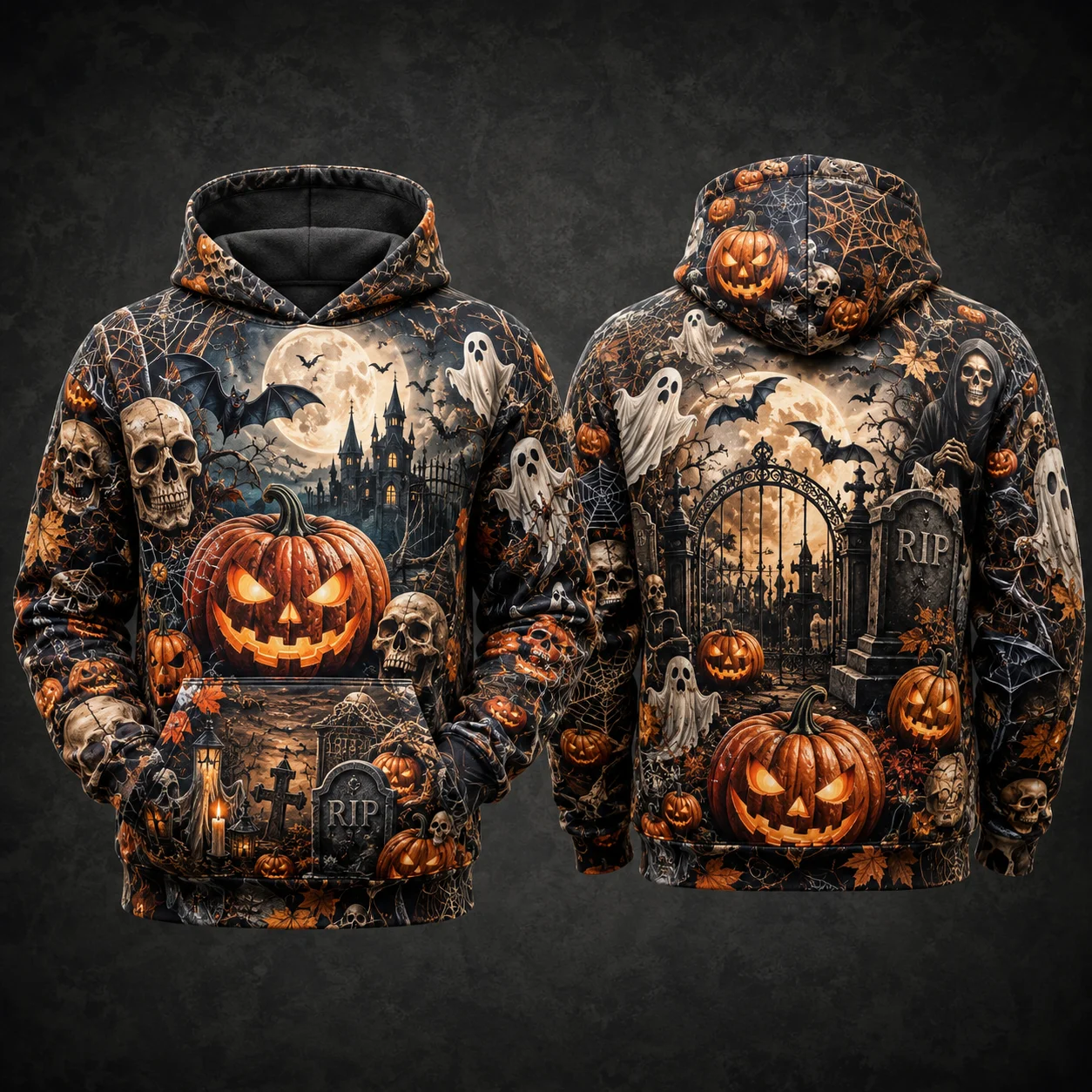 Men Halloween Hoodie Pumpkin Skull Ghost Bat Graveyard Castle Tombstone Moon Pattern Pullover Spooky Party Casual Sweatshirt