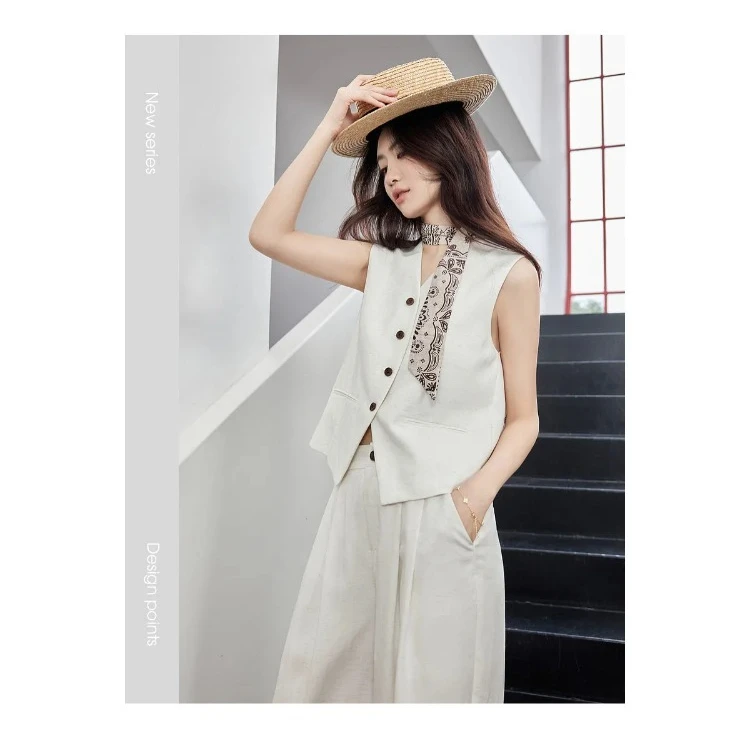 SENTUBILA Office 2 Piece Pant Set 2026 Women Linen Blend Summer Suit V Neck Waistcoat Wide Leg Baggy Pant Print Scarf 162ZA5663Z