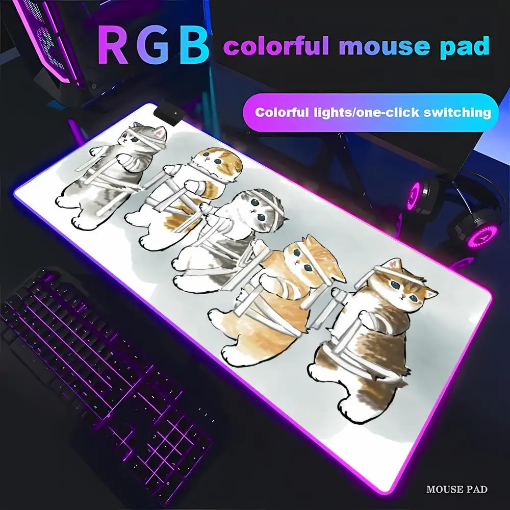 

HYBXAXC Cute Bandage Cat Mouse Pad Large Extended Mat Non-Slip Rubber Base for Office Home Decor RGB Gaming Pad HD LED Light XXL
