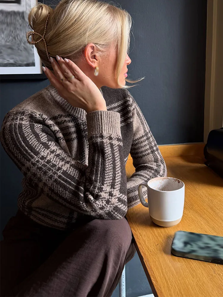 HH, nueva moda para mujer, abrigos de punto elegantes a cuadros con cuello redondo, manga larga, botonadura única, cárdigans sueltos informales de otoño para mujer