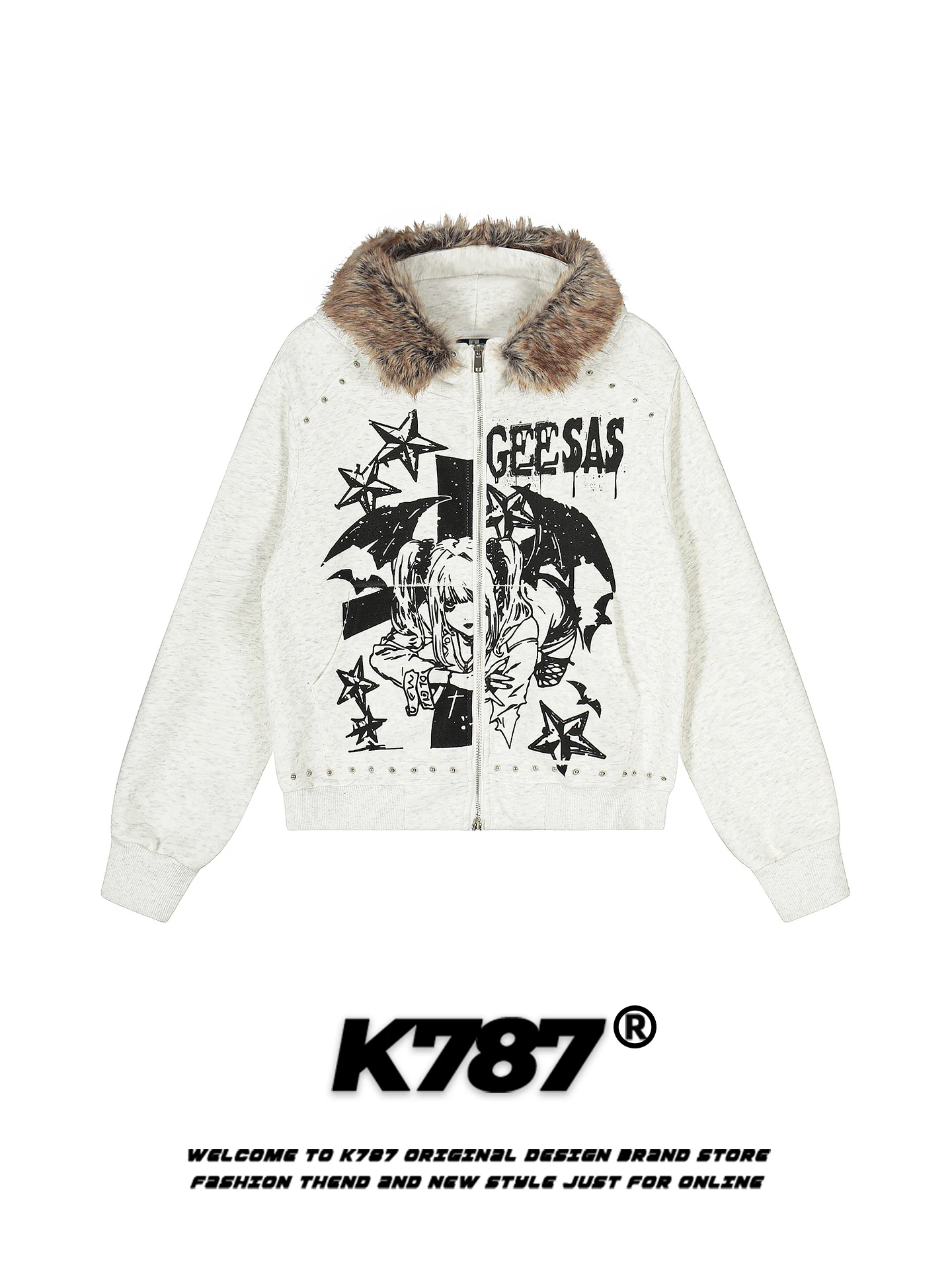 

K787 Subculture ort Hooded Sweatirt Women's Faion Brand Design Sense Cartoon Print Fur Collar Jaet Street Sle