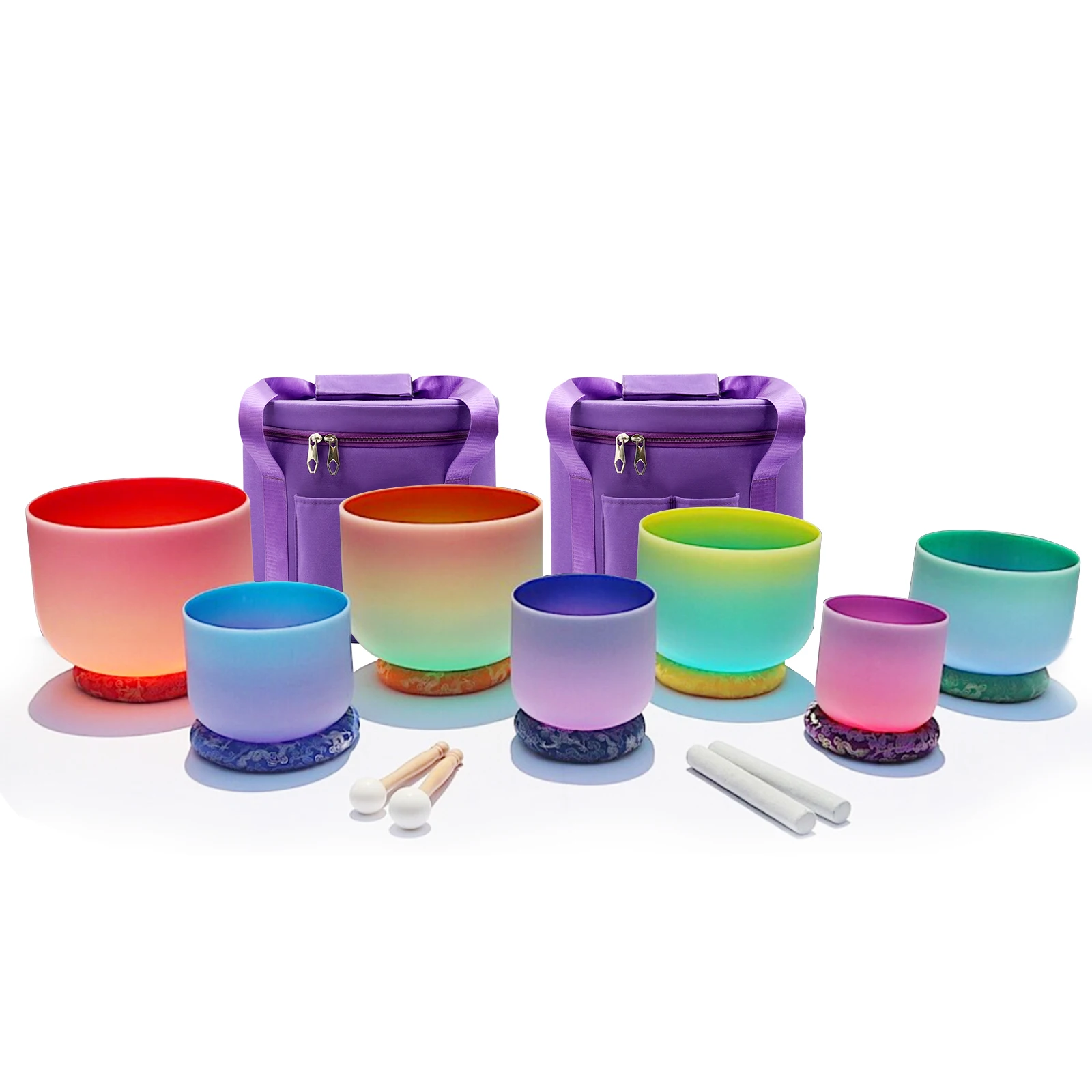 Hye-eun 6-12 Inch Crystal Singing Bowl Set 7pcs Chakra Color Quartz Sound Bowls with Carring Case and Suede Sticks Mallet