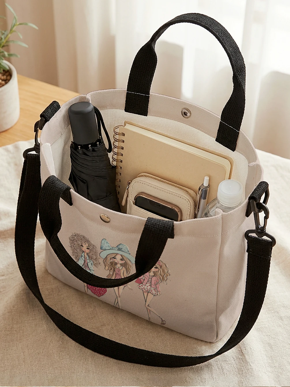 Cartoon Fashion Girls Heart Print Tote Bag Detachable Strap Crossbody Handbag For Women Daily Shopping