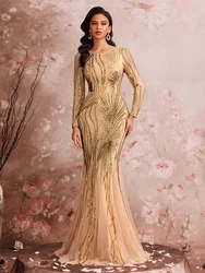 BLUEPLUM Elegant Long Sleeves Sequin Black Evening Dresses Women Luxury Mermaid Formal Bridesmaid Party Maxi Prom Cocktail Dress