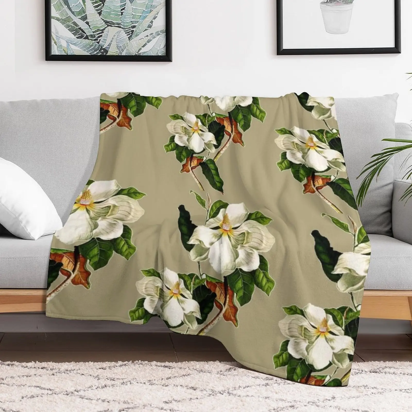 Vintage White Magnolia Pattern on Khaki Background Throw Blanket Soft Beds Furry Thins Blankets