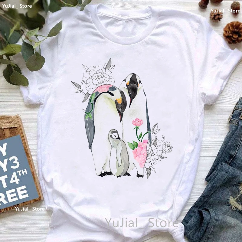 Watercolor Penguin Family Print Tshirt Women Pink Flowers Beautiful T Shirt Femme Summer Fashion Short Sleeve T-Shirt Female