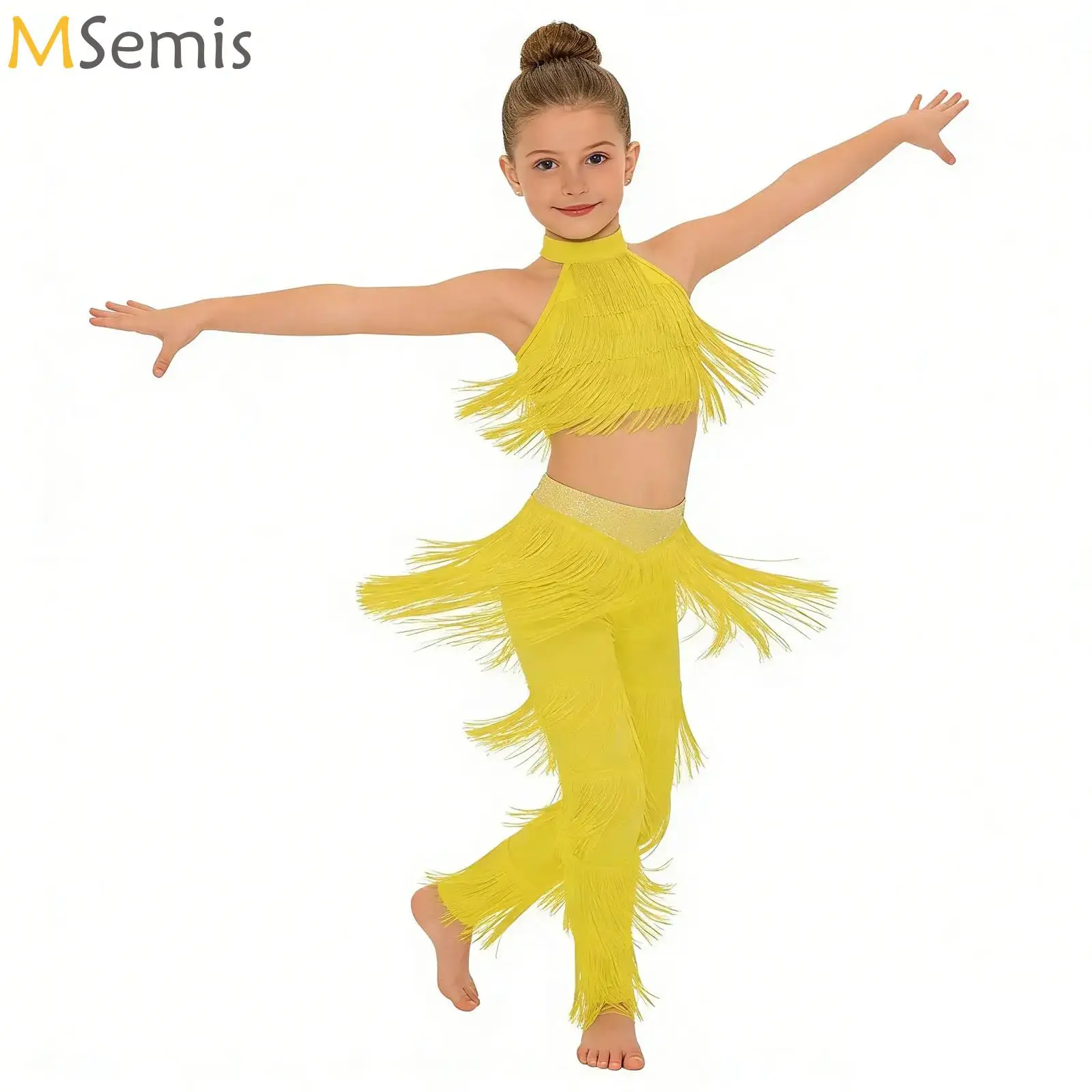 

Kids Latin Dance Costumes Ballroom Fringe Tassel Dress Crop Tops Pants Girls Salsa Samba Children Stage Practice Outfits