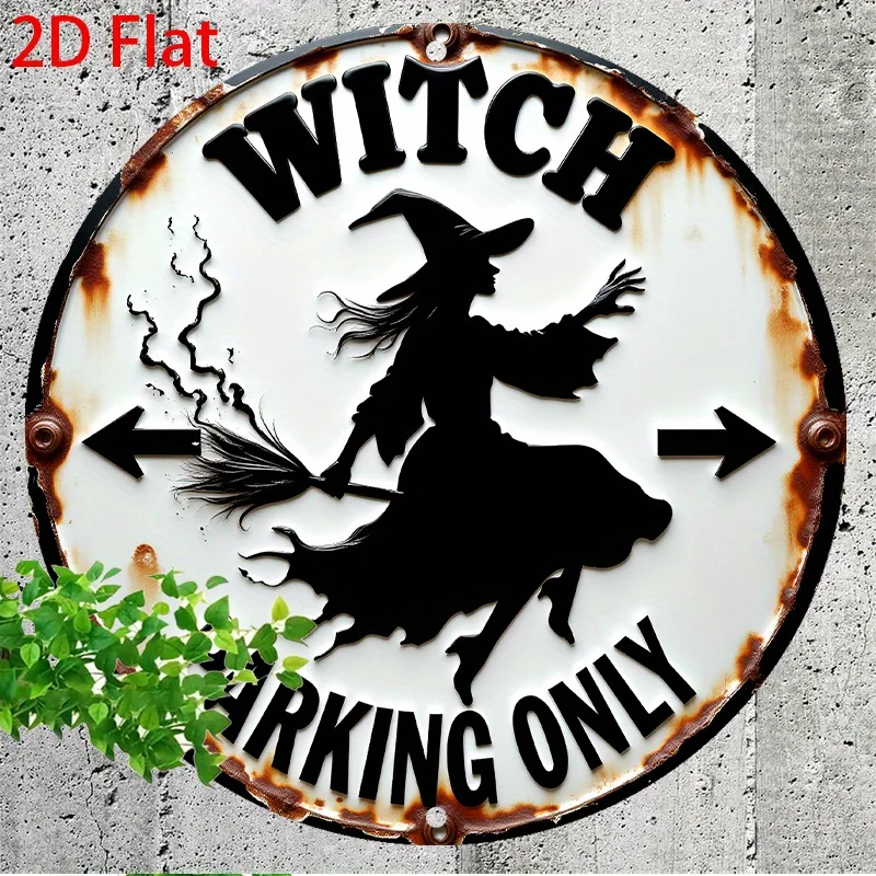2D Flat Surface - 1 Piece of 2D Flat Metal Sign, Featuring a Vintage Witch Parking Design, Size 20.32X 20.32cm This Flat Imitation Sculpture Wall Art Features Vintage Witch Hats and Brooms, Perfect for Halloween.