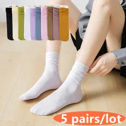 5 Pairs Women Thin Pile Socks Summer Fashion College Style Solid Color Girls Spring Stacked Bright Sock Japanese Style Hot sell