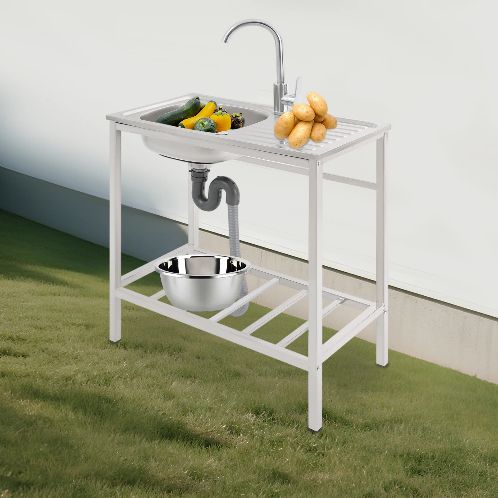 

29.5*15.7*29.5" Commercial Single Bowl Sink, Stainless Steel Kitchen Free Standing Sink With Operation Countertop 360° Faucet