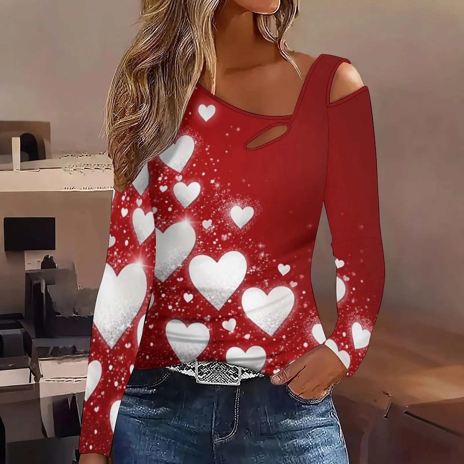 Elegant Directional Slanted Shoulder Long-Sleeved Off-Shoulder Fashion Elegant Women's Printed Top Everyday Fashion T-Shirt