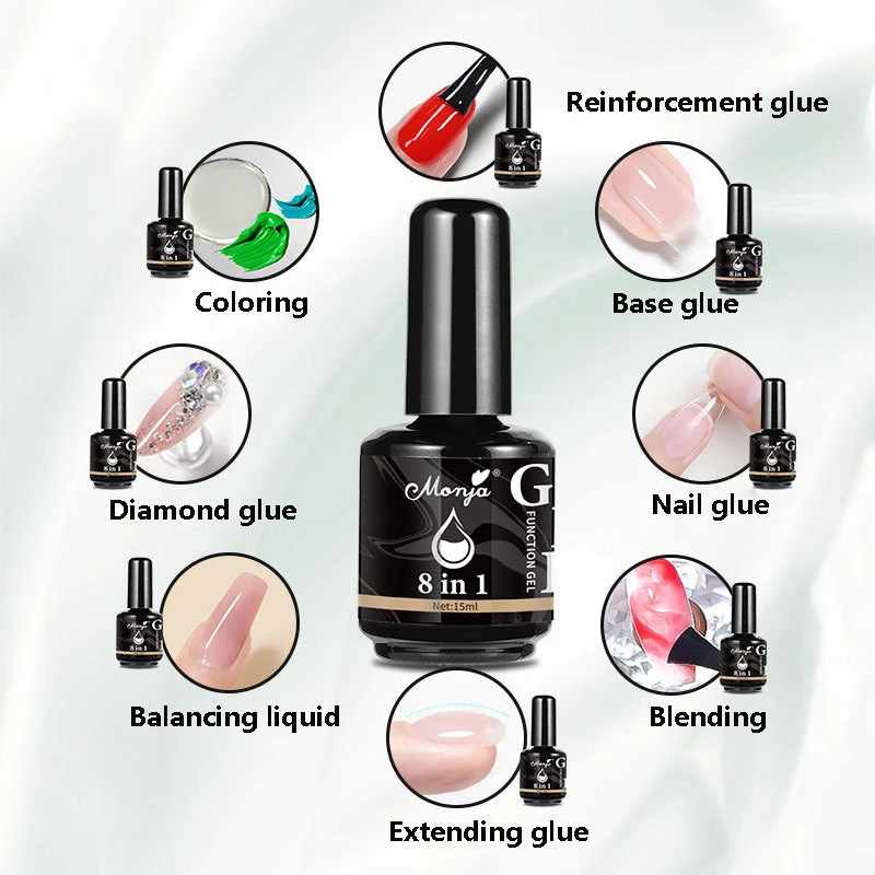 Reforçar o Gel de Cola das Unhas, Pontas de Unhas Falsas, Função Acrílica de Extensão das Unhas, Soak Off Nail Art, UV, 15ml, 8 em 1