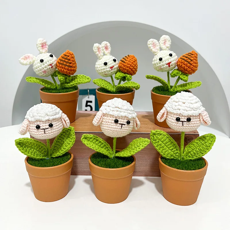 

Creative Handmade Wool Knitting Simulation Cartoon Rabbit Carrot Potted Plant Finished Festival Birthday Gift Home Decoration