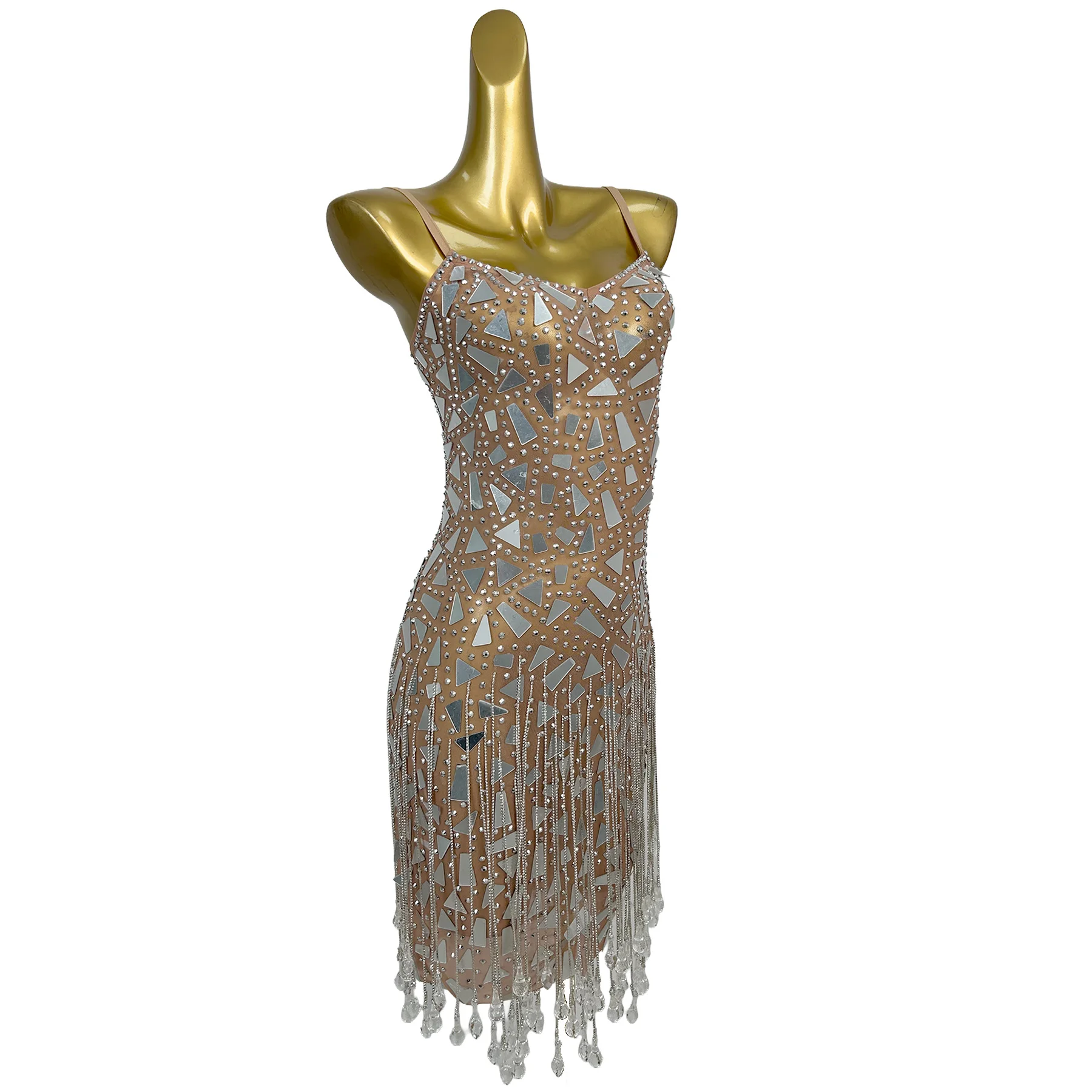 Shuimu Sparkly Nude See Through Mesh V Neck Mini Midi Dress Full Mirror Panel Long Crystal Tassel Fringe Birthday Photoshoot Out