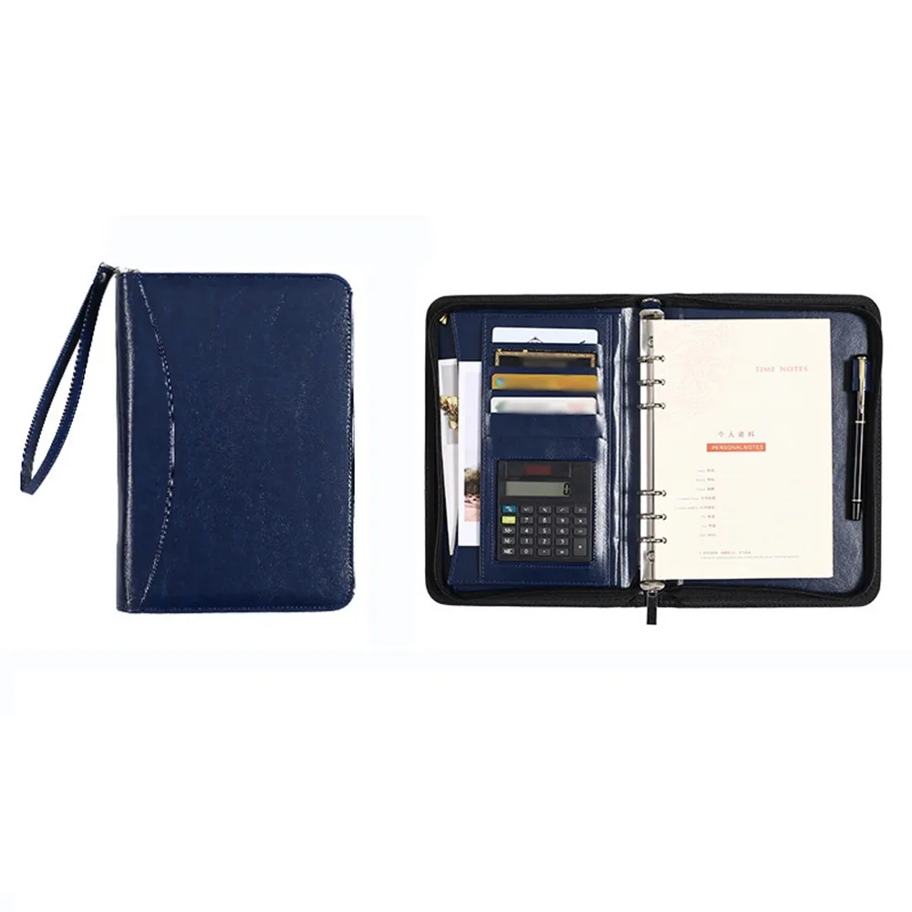 

Memo Book Portable File Folder 6-Ring Card Holder Portfolio Binder PU Leather with Calculator Work Record Book Conference Use