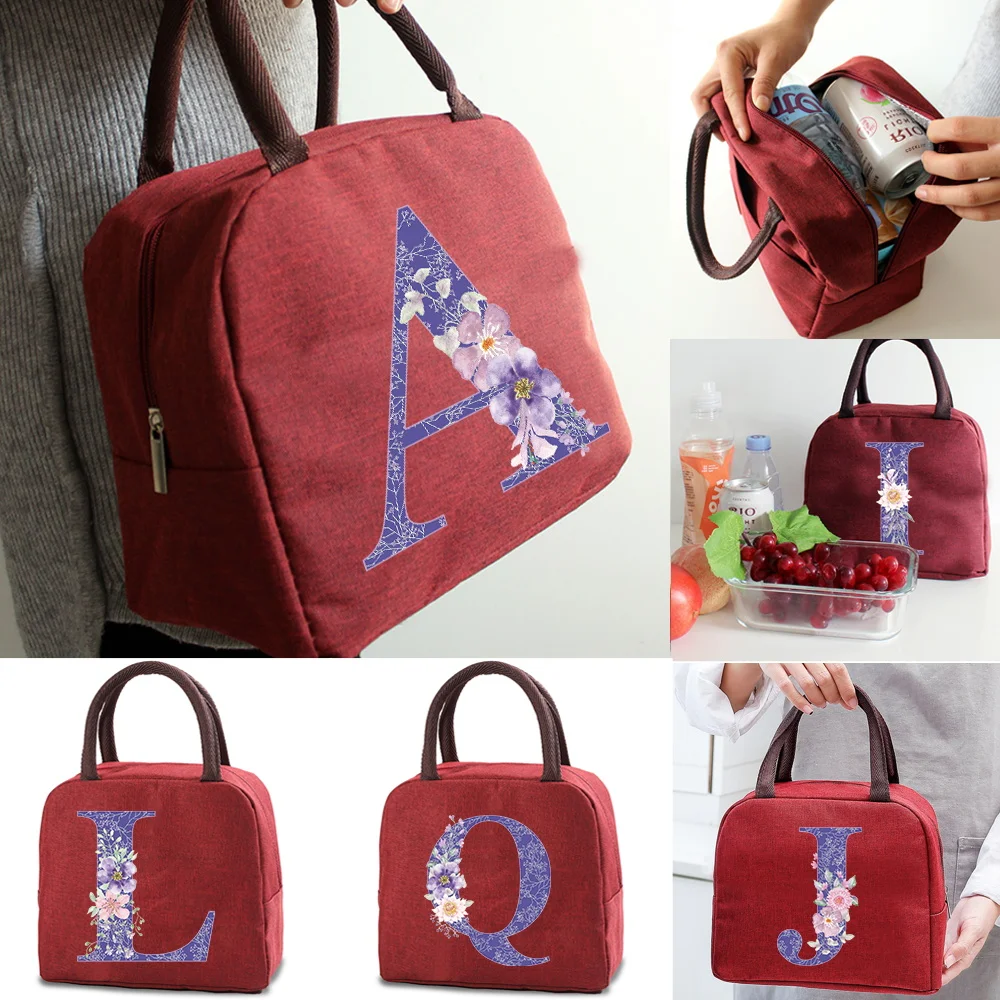 Lunch Bag for Women's Work Dinner Lunch Food Insulated Cooler Bags Child Bento Thermal Handbags Purple Flower Series Tote Packet