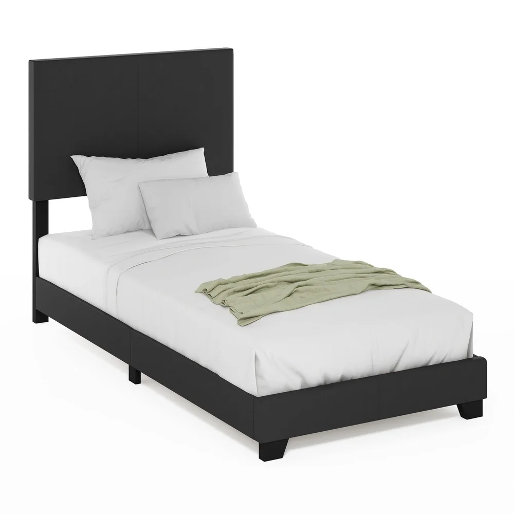 Twin XL Upholstered Bed Frame Black Leather Modern Platform Design Easy Assembly Space Saving Solution