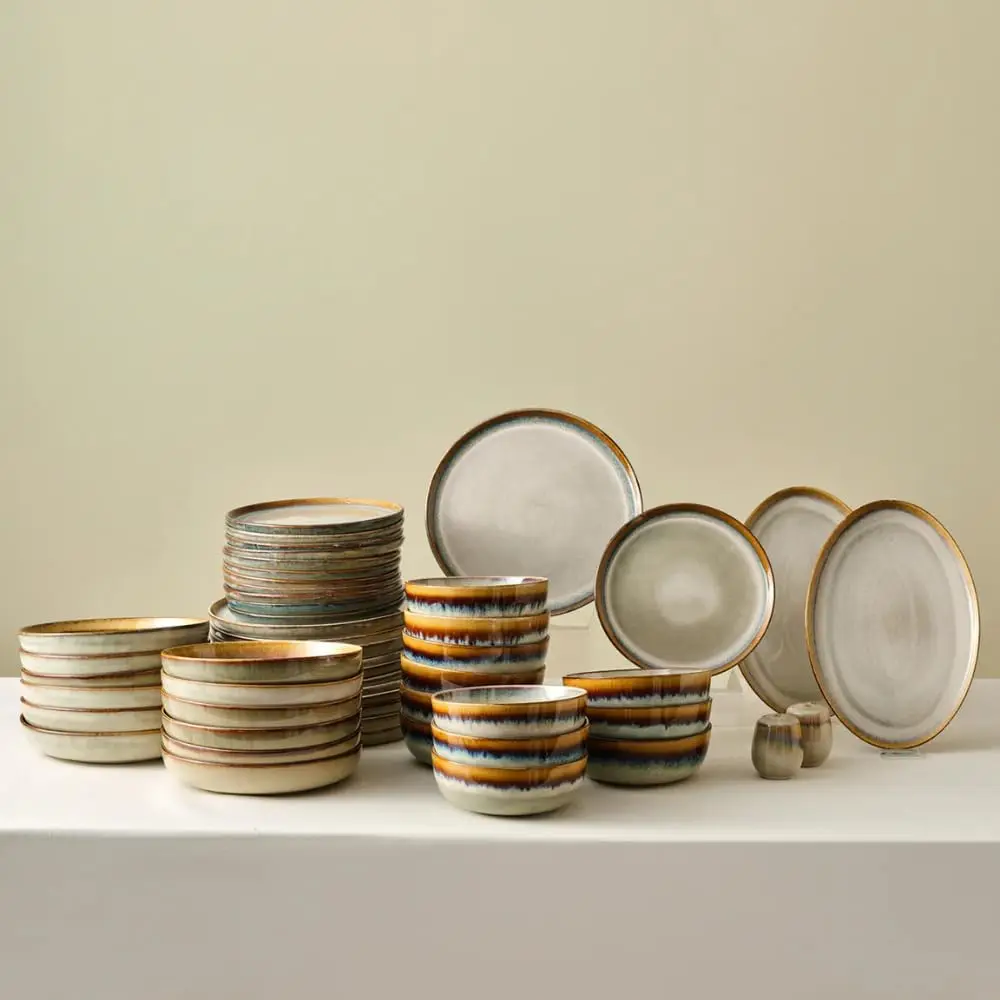 Earthy 52 Piece Stoneware Plates and Bowls Set, Reactive Glaze Dinner Set, Complete Kitchen Tableware Collection, Ideal Dinnerwa