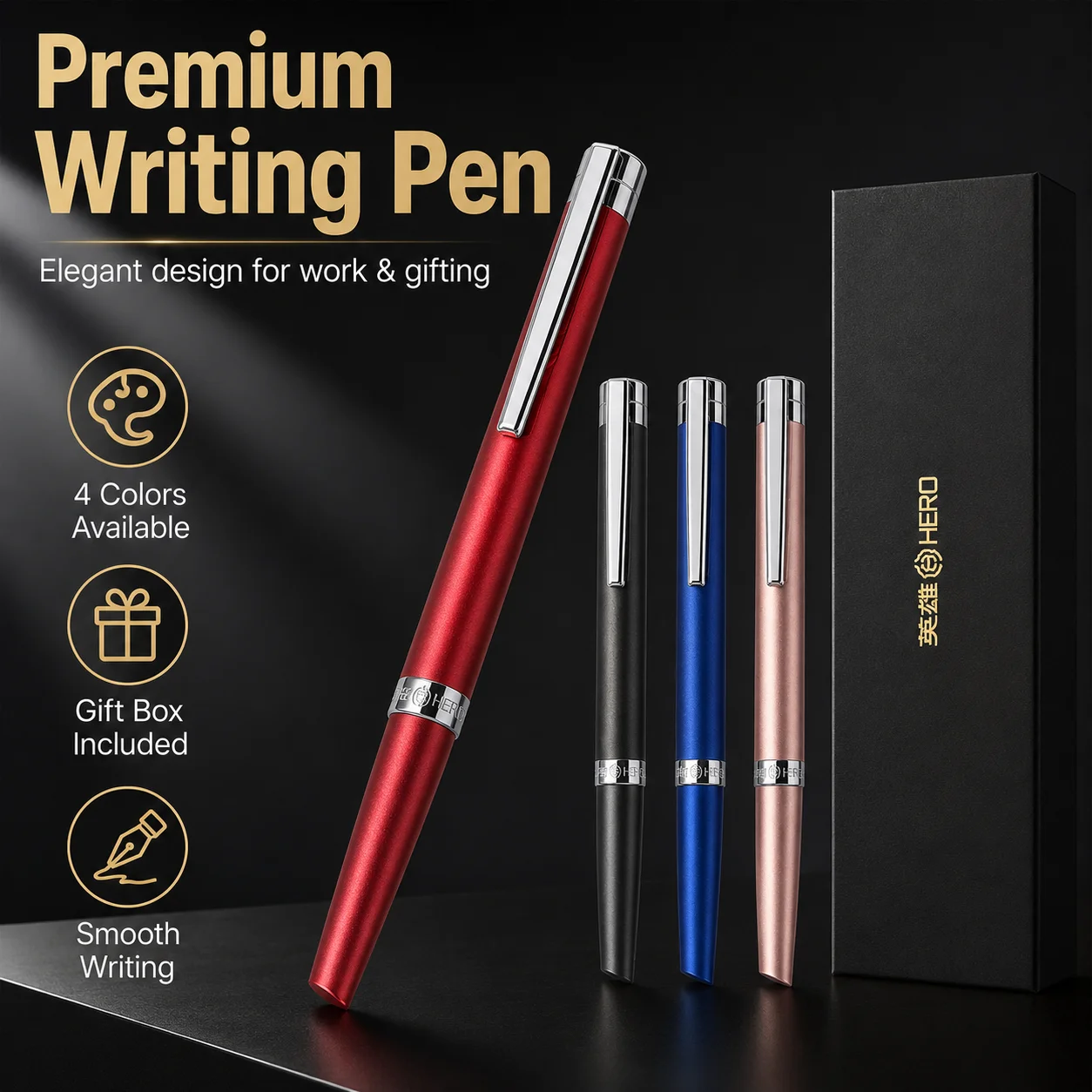 HERO 8203 Fountain Pen, 0.5mm Stainless Steel Irridium Nib, 4 Colors, Gift Box, Swivel Ink Converter, Slip-Resistant for Writing