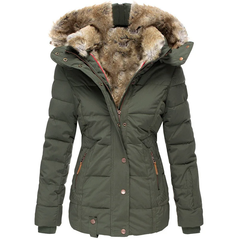 

New Winter Warm Fur Collar Cotton Padded Jacket for Women with Zipper, Long Sleeve, Slim Fit, Hooded Cotton Coat W128
