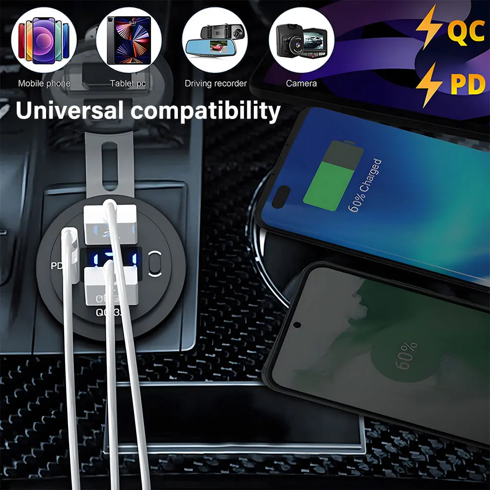 Universal PD QC3.0 Dual USB Car Fast Charger Socket with LED Digital Voltmeter Button Switch for 12-24V Car Marine Boat Truck