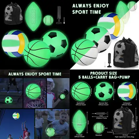 Set di palline sportive da 5 pezzi che si illuminano al buio con dimensioni ufficiali: calcio, basket, calcio, pallavolo, baseball - Include Carr