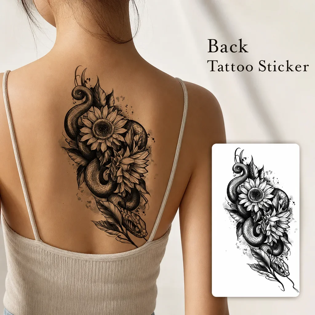 1 Sheet Per Pack Temporary Tattoo Sticker Black Waterproof Long Lasting Snake Floral Blackwork Flower Back Spine for Women