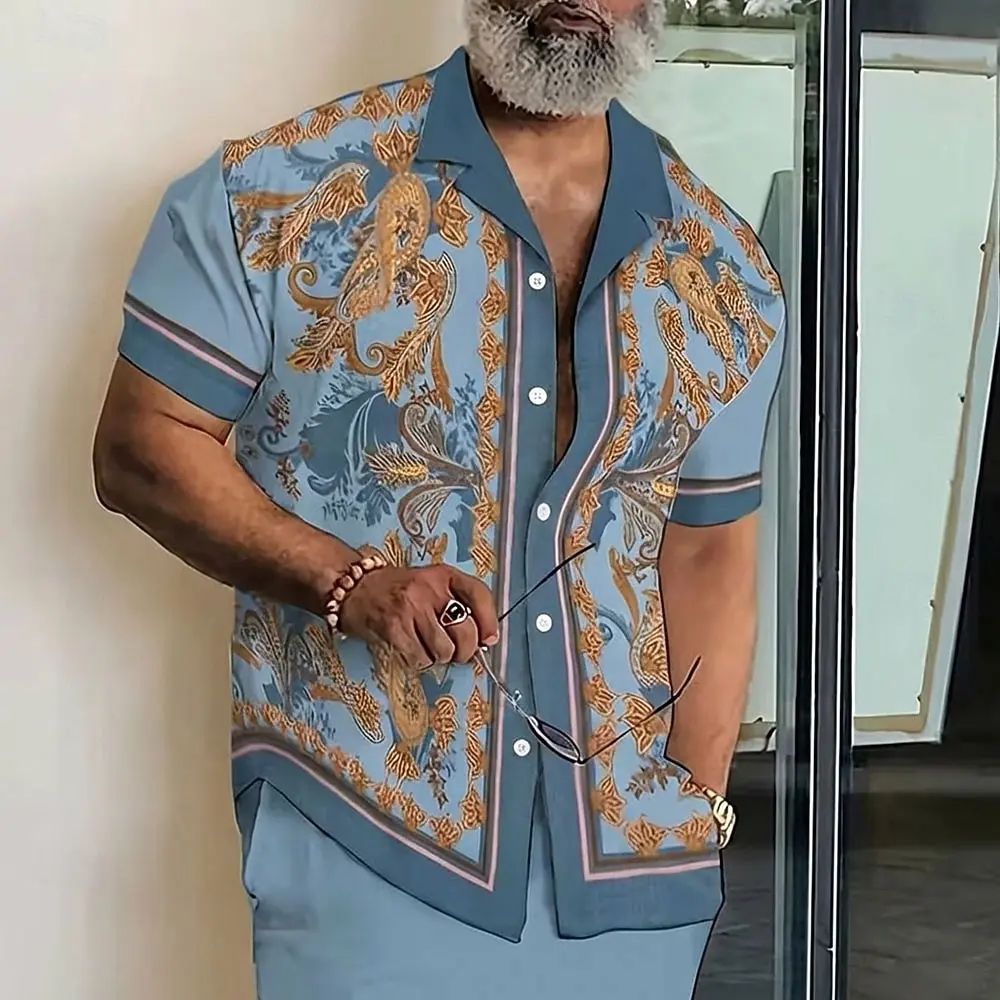 

Men's Paisley Floral 3D Print Shirt, Short Sleeve Collar, Vintage Ethnic Streetwear Vacation Tops for Spring & Summer