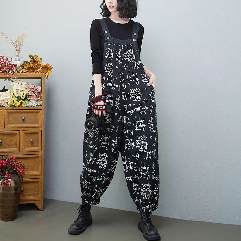 #2339 Spring Long Jumpsuits Women Full Letters Printed Denim Overalls Female Loose Vintage Wide Leg Ladies Jumpsuits Streetwear