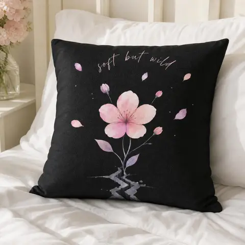 Solid Black Pink Cherry Blossom Petal Print Square Full Throw Pillow Soft Sofa Bed Decorative Cushion