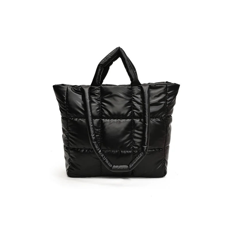 Women's Casual Padded Handbag Winter Down Cotton Shoulder Bag Large Capacity Shopper Tote Bag Lightweight Black Crossbody Purse
