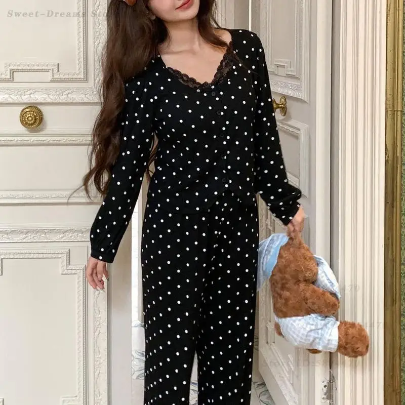 

2026 Spring New Sleepwear Loungewear Women's Sweet Cute Polka Dot Pajamas Set Long Sleeve Loose Casual Home Wear Pijama Mujer
