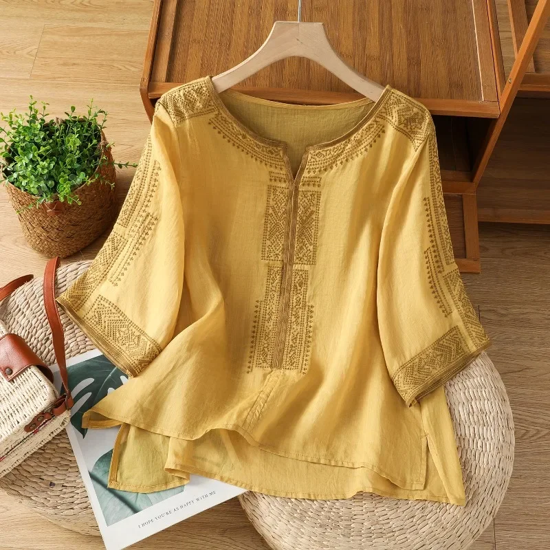 

Chinese Style Women's Blouse Vintage Embroidery Shirts Fashion Loose Summer Cotton Linen Clothing Short Sleeve Women Tops