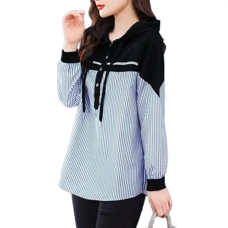 Casual Hooded Sweater Stitching Striped Shirt Woman Spring Summer 2024 New Fashion Be All-Match Loose And Comfortable Blouse