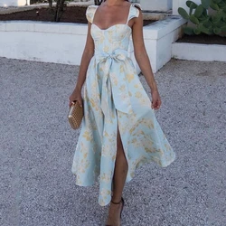 Summer Long Dresses Women Floral Print Party Bow Bodycon Dress Split High Waist Wedding Ruffles Elegant Sexy Maxi Vestidos