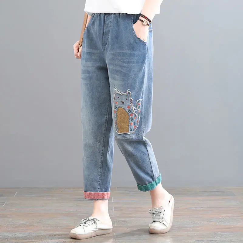

Women's Patchwork Denim Pants 2026 Spring Autumn New Korean Cartoon Embroidered Harem Jeans Slim Ankle Trousers