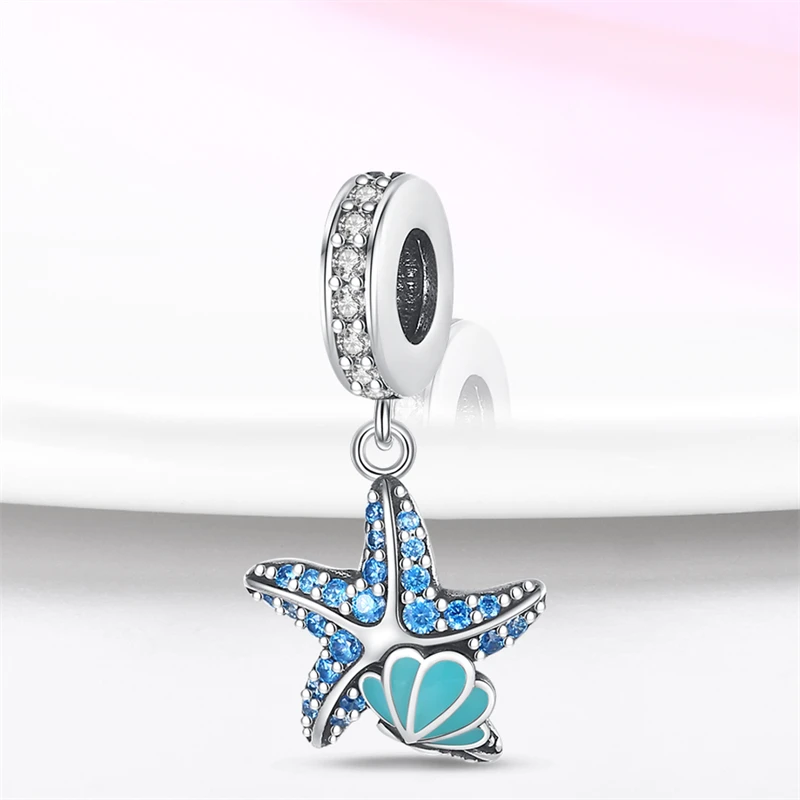 

925 Sterling Silver Ocean Starfish Shell Luminous CZ Zircon Charms Pendant Fit 3mm Original Bracelet DIY Women Date Jewelry Gift